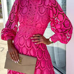 Romantic, Sensual and Elegant Crochet Lace Lantern Sleeve Party Midi Dress