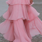 Elegant Pink Pleated Tiered Ruffle Maxi Gown