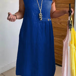 Linen Blend Solid Color Round Neck Sleeveless Loose Pocket Midi Dress