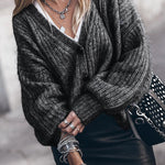 Gray Drop Shoulder Puff Sleeve Buttoned V Neck Cardigan