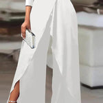 Solid Color One-Shoulder Long Sleeves T-Shirt + High-Waisted Wide Leg Pants Trousers Two Pieces Set