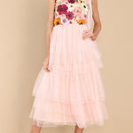Midnight Garden Embroidered Floral Applique One Shoulder Tiered Tulle Midi Dress