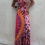 Boho Happiness Tie-dye Print Back Lace-up Stretch Maxi Dress  (With built-in bra)