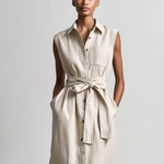 Women's Elegant, Natural-colored Cotton And Linen Blend Sleeveless Shirt-collar Midi Dress