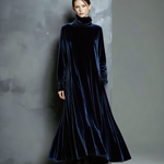 Women's Elegant Navy Blue Velvet High-neck Long-sleeved Loose-fitting Maxi Dress
