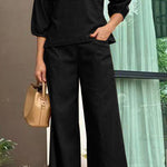 Loose solid color long sleeved top wide leg pants set