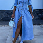 Solid Color V-neck Button-down Denim Midi Dress
