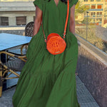 Loose Short Sleeves Pleated Pockets Solid Color Split-Joint V-Neck Maxi Dresses