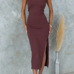 Strapless Tube Slit Ribbed Knit Midi Dress
