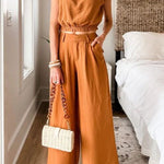 Chic Wear Tooptions Linen Blend Crop Top and Elastic Waist Pocketed Pants Set