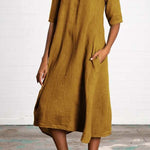 Round Neck Half Sleeve Long Solid Color Casual Cotton Linen Dress