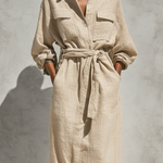 Women's Elegant Natural-colored Linen And Cotton Blend Long-sleeved Shirt Dress With A Loose Fit