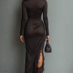 Women's Dark Brown Satin Irregular Hem Lace Slim Maxi Dress