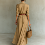 Ladies Lapel Single Breasted Long Sleeve Belted Maxi Dress