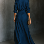 Women's Elegant Dark Blue Textured Pleated Fabric Shirt And Dress Set