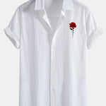 Red Rose Print Linen Look Cotton Button Up Shirt & Swim Shorts