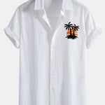 Sunset Palm Trees Print Linen Look Cotton Button Up Shirt & Swim Shorts
