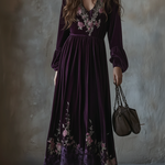 Vintage Floral Embroidered Velvet Maxi Dress