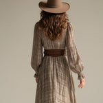 Women's Beige - Plaid Bohemian Chiffon Ruffled Midi Dress