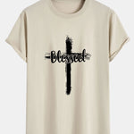 Blessed Cross Print Cotton Arc Hem T-Shirt