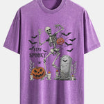 Halloween Skeleton Stay Spooky Print Washed Distressed Drop Shoulder T-Shirt