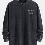 Slogan Print Relax Fit Long Sleeve Washed Distressed T-Shirt