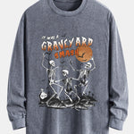 Halloween Dancing Skeleton Print Relax Fit Long Sleeve Washed Distressed T-Shirt