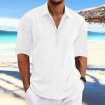 Men's Casual Solid Color Pullover Lapel Roll-Up Cotton and Linen Sleeve Long Sleeve Shirt