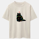 Christmas Lights Black Cat Print Drop Shoulder Oversize T-Shirt