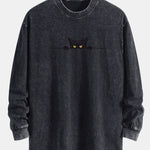 Black Cat Print Relax Fit Long Sleeve Washed Distressed T-Shirt