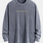 Faith Over Fear Print Relax Fit Long Sleeve Washed Distressed T-Shirt