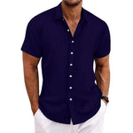 Men's Cotton Linen Stripe Print Loose Short Sleeve Lapel Shirt