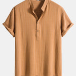 Linen Blend Striped Half Open Placket Henley Collar Shirt