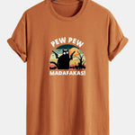 Regular Fit PEW PEW MADAFAKAS Black Cat Print Cotton T-Shirt