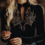 Elegant V-neck Embroidery Velvet Long Sleeves Top