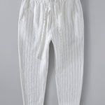 Striped Linen Cotton Blend Cropped Pants