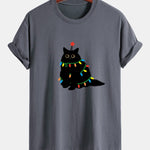 Regular Fit Colorful Light Black Cat Print Cotton T-Shirt