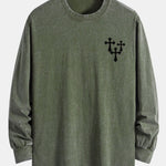 Cross Print Relax Fit Long Sleeve Washed Distressed T-Shirt