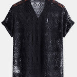 Short Sleeve Geometry Textured Cuban Shirt & Linen Cotton Blend Cropped Pants