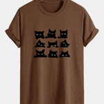 Regular Fit Black Cat Staring Print Cotton T-Shirt