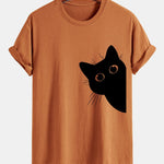 Regular Fit Black Cat Looking Out Print Cotton T-Shirt