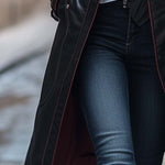 Women's Retro Zipper Button Long Leather Coat