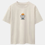 Cartoon Smiley Read Newspaper Print Drop Shoulder Oversize T-Shirt