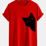 Regular Fit Black Cat Looking Out Print Cotton T-Shirt