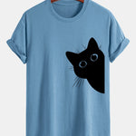 Regular Fit Black Cat Looking Out Print Cotton T-Shirt