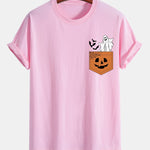 Regular Fit Pocket Pumpkin Ghost Print Cotton T-Shirt