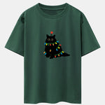 Christmas Lights Black Cat Print Drop Shoulder Oversize T-Shirt