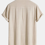 Linen Blend Striped Half Open Placket Henley Collar Shirt & Straight Leg Linen Pants