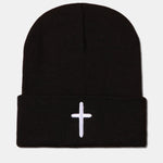 3D Cross Embroidered Pattern Flanged Knitted Hat