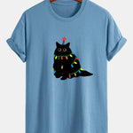 Regular Fit Colorful Light Black Cat Print Cotton T-Shirt